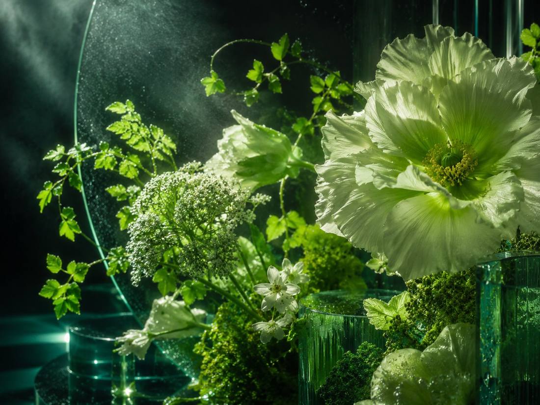 Backlit pale-green poppy among dewy botanicals